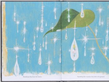 Copyright: Hiroshi Osada, Ryōji Arai, Every Color of Light, 2011, Enchanted Lion Books, New York City, NY, USA Eine Buchillustration: ein Blatt und Regentropfen vor hellblauem Hintergrund
