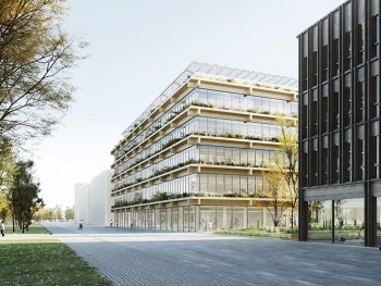 Abgebildet sind mehrere moderne Gebäude
