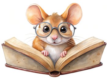 Copyright: Adobe Stock Eine Maus mit Brille liest aus einem Buch vor