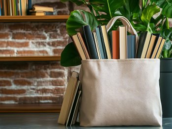 Büchertasche gefüllt mit Büchern staht auf dem Boden vor einer Ziegelwand