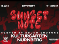 Event-Flyer: Day Party „Sunset Note", hosted by Sound Couture, am 19. Juni von 17–22 Uhr im Kulturgarten Nürnberg