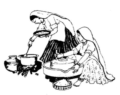 gezeichnetes Bild mit indischen Frauen die Kochen