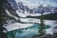 schneebedeckte Berge mit klasklarem See im Vordergrund umringt von Nadelbäumen