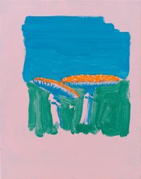 Gemälde mit zwei Fliegenpilzen vor blauem Hintergrund, umgeben von grünen Pinselstrichen auf rosa Grund.