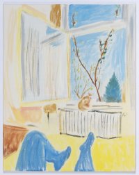 Pastellfarbenes Gemälde eines Innenraums mit einer Katze auf einem Heizkörper vor einem Fenster mit Blick auf frühlingshafte Bäume.