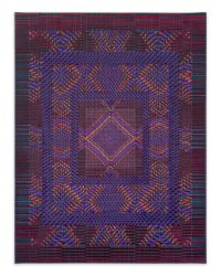 Abstraktes geometrisches Gemälde mit konzentrischen Rechteckrahmen aus violetten und rosafarbenen Zickzack-Mustern auf dunkelblau-rotem Streifenhintergrund.