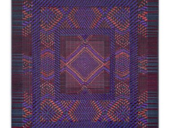 Copyright: Toulu Hassani, ohne Titel, 2026 (Detail) Abstraktes geometrisches Gemälde mit konzentrischen Rechteckrahmen aus violetten und rosafarbenen Zickzack-Mustern auf dunkelblau-rotem Streifenhintergrund.