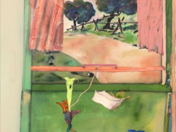 Copyright: Fabian Treiber, My Fingertips, 2025 (Detail) Abstraktes Gemälde einer Innenraumszene mit exotischen Fantasiepflanzen im Vordergrund und einem Fenster mit Blick auf Bäume im Hintergrund.