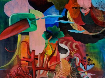 Foto: Foto: Jan Michalko
Surrealistisch anmutendes Gemälde mit einem anatomischen Herzen im Zentrum, umgeben von Vögeln, Blüten, abstrakten Formen und einer maskenhaften Gesichtsfigur.