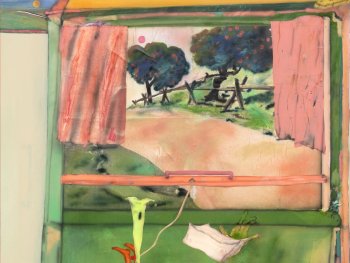 Copyright: Fabian Treiber, My Fingertips, 2025 (Detail) Gemälde einer Zimmerszene vor einem Fenster mit Blick auf Bäume in einer Landschaft.
