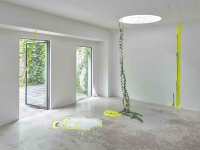 Kunstinstallation in weißem Galerieraum mit neongelben Farbspuren auf Boden und Wand sowie einer von der Decke hängenden Efeu-Ranke.
