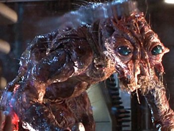 Copyright: Filmverleih Ein grotesk, fleischiger Kreaturenkopf mit grünen Augen ähnlich einer Fliege, umgeben von schleimigen Gewebefasern.