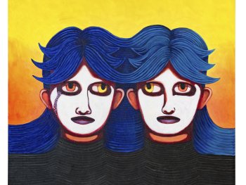 Copyright: Eva Nüßlein, Wir sind anders, 2026 Zwei Köpfe mit blauen Haaren und verschiedenfarbigen Augen
