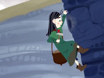 Copyright: Nadasdy Film
Animierte Person in grünem Gewand klettert mit Messer und Umhängetasche an einer dunklen Felswand empor.