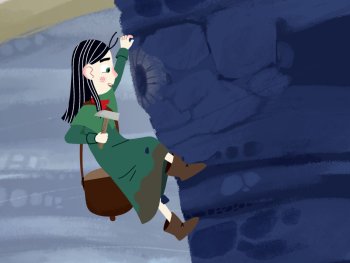 Copyright: Nadasdy Film Animierte Person in grünem Gewand klettert mit Messer und Umhängetasche an einer dunklen Felswand empor.