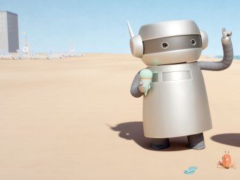Copyright: outsiders; eksystent Filmverleih
3D-animierte Szene am Strand: Ein silberner Roboter und eine kleine Figur mit Strohhut halten je ein Eis, zwischen ihnen sitzt eine kleine Krabbe.