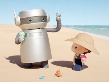 Copyright: outsiders; eksystent Filmverleih 3D-animierte Szene am Strand: Ein silberner Roboter und eine kleine Figur mit Strohhut halten je ein Eis, zwischen ihnen sitzt eine kleine Krabbe.