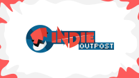 Logo von „Indie Outpost" mit stilisiertem Cartoon-Fisch in Blau und Rot im Kreis sowie dem Schriftzug „INDIE OUTPOST" in Pixel-Schrift.