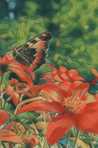 Digitale Ölgemälde-Illustration eines Schmetterlings auf leuchtend roten Lilien vor verschwommenem grünen Hintergrund.