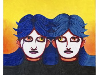 Copyright: Eva Nüßlein, Wir sind anders, 2026 Zwei Köpfe mit blauen Haaren und verschiedenfarbigen Augen