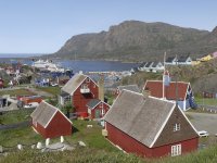 Bunte Holzhäuser einer Küstensiedlung liegen zwischen Bergen und einem Fjord, in dem ein Kreuzfahrtschiff ankert.