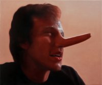 Ölgemälde auf Leinwand, das das Portrait eines jungen Mannes zeigt, dessen Nase wie bei Pinocchio in die Länge gezogen wurde.
