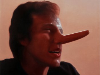 Ölgemälde auf Leinwand, das das Portrait eines jungen Mannes zeigt, dessen Nase wie bei Pinocchio in die Länge gezogen wurde.