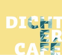 Logo des Dichter-Cafés: Der Schriftzug „Dichter Café" auf gelbem Hintergrund, teils weiß, teils in teal-farbenem Polygon-Stil.
