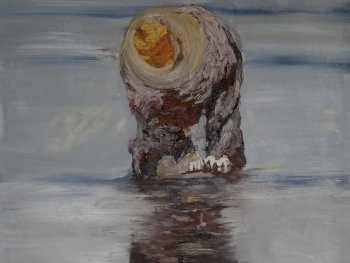 Expressionistisches Ölgemälde einer gebeugten Person mit gelb-orangenem Hut, die sich über einer stillen Wasserfläche spiegelt.