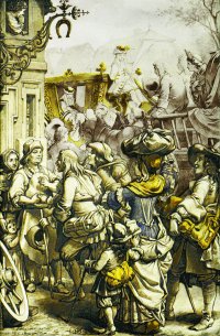 Das Glasbild zeigt die Ankuft der Hugenotten in Erlangen am 17. Mai 1686