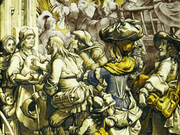 Das Glasbild zeigt die Ankuft der Hugenotten in Erlangen am 17. Mai 1686