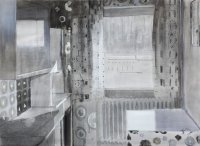 Monochrome Malerei einer Küche mit gemusterten Vorhängen, einem Heizkörper, Möbeln und einem Fenster in Grautönen.