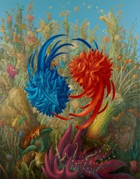 Ein rotes und ein blaues schwebendes Konstrukt umkreisen sich gegenseitig vor einer dich bewachsenen Wildwiese.