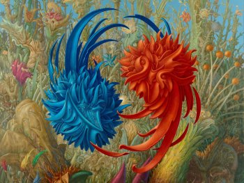 Ein rotes und ein blaues schwebendes Konstrukt umkreisen sich gegenseitig vor einer dich bewachsenen Wildwiese.