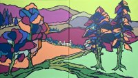 Gemälde einer waldigen Berglandschaft in Violett, Blau und Orange gehalten mit starken Randlinien