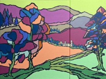 Foto: Ilse Feiner, VNP
Gemälde einer waldigen Berglandschaft in Violett, Blau und Orange gehalten mit starken Randlinien
