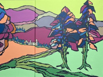 Gemälde einer waldigen Berglandschaft in Violett, Blau und Orange gehalten mit starken Randlinien