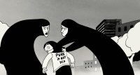 Schwarz-weiße Zeichentrickszene, in der zwei verschleierte Frauen einer jungen Person mit „Punk is not ded“-Shirt mit einer Schere die Haare abschneiden.