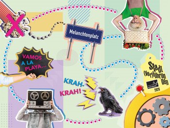 Eine Collage mit grafischen Elementen, die einzelne Stationen des Walks symbolisieren sollen: Melanchthonplatz, Kino, Markt, Analog-Treff, Siemens