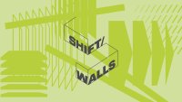 Grafik mit dem Schriftzug „Shift/Walls“ in 3D-Blockbuchstaben vor grün-abstraktem Muster.