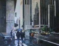 Gemälde des regennassen New York mit Hochhäusern, gelben Taxis und Passanten mit Regenschirmen.