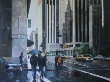 Gemälde des regennassen New York mit Hochhäusern, gelben Taxis und Passanten mit Regenschirmen.