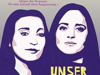 Teil des Buchcovers "unser Schmerz ist unsere Kraft" auf dem zwei Frauen zu sehen sind. Oben links befindet sich ein Zitat "Gegen das Vergessen. Für eine Zukunft ohne Ausgrenzung."