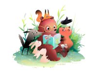 Illustration eines Bären mit Brille, der Waldtieren wie Hase, Vogel, Fuchs, Eichhörnchen und Mäusen aus einem Buch vorliest.