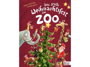 Copyright: Baumhaus Verlag Buchcover mit Illustration von verschiedenen Zootieren, die um einen Weihnachtsbaum versammelt sind.