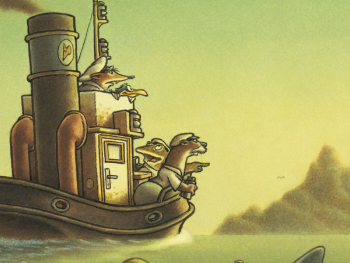 Copyright: Peter Schössow Boot mit drei Tieren, die auf eine Insel zusteuern