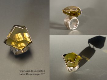 Ring mit großem facettiertem gelbem Citrin in silberner Fassung, gezeigt aus drei verschiedenen Blickwinkeln.