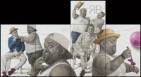 Mehrteiliges gezeichnetes Kunstwerk zeigt denselben Mann in verschiedenen Posen mit Hut, Cap und pinker Fliege, teils mit weiteren Personen, sowie einen pinken Fußball mit der Aufschrift „Robby“.