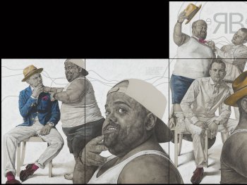 Foto: Bruno Maria Bradt, VNP
Mehrteiliges gezeichnetes Kunstwerk zeigt denselben Mann in verschiedenen Posen mit Hut, Cap und pinker Fliege, teils mit weiteren Personen, sowie einen pinken Fußball mit der Aufschrift „Robby“.
