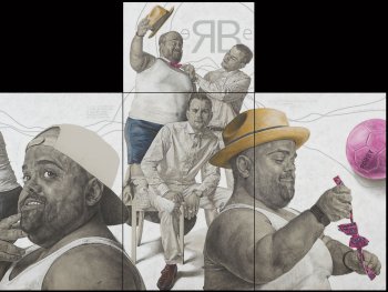 Mehrteiliges gezeichnetes Kunstwerk zeigt denselben Mann in verschiedenen Posen mit Hut, Cap und pinker Fliege, teils mit weiteren Personen, sowie einen pinken Fußball mit der Aufschrift „Robby“.